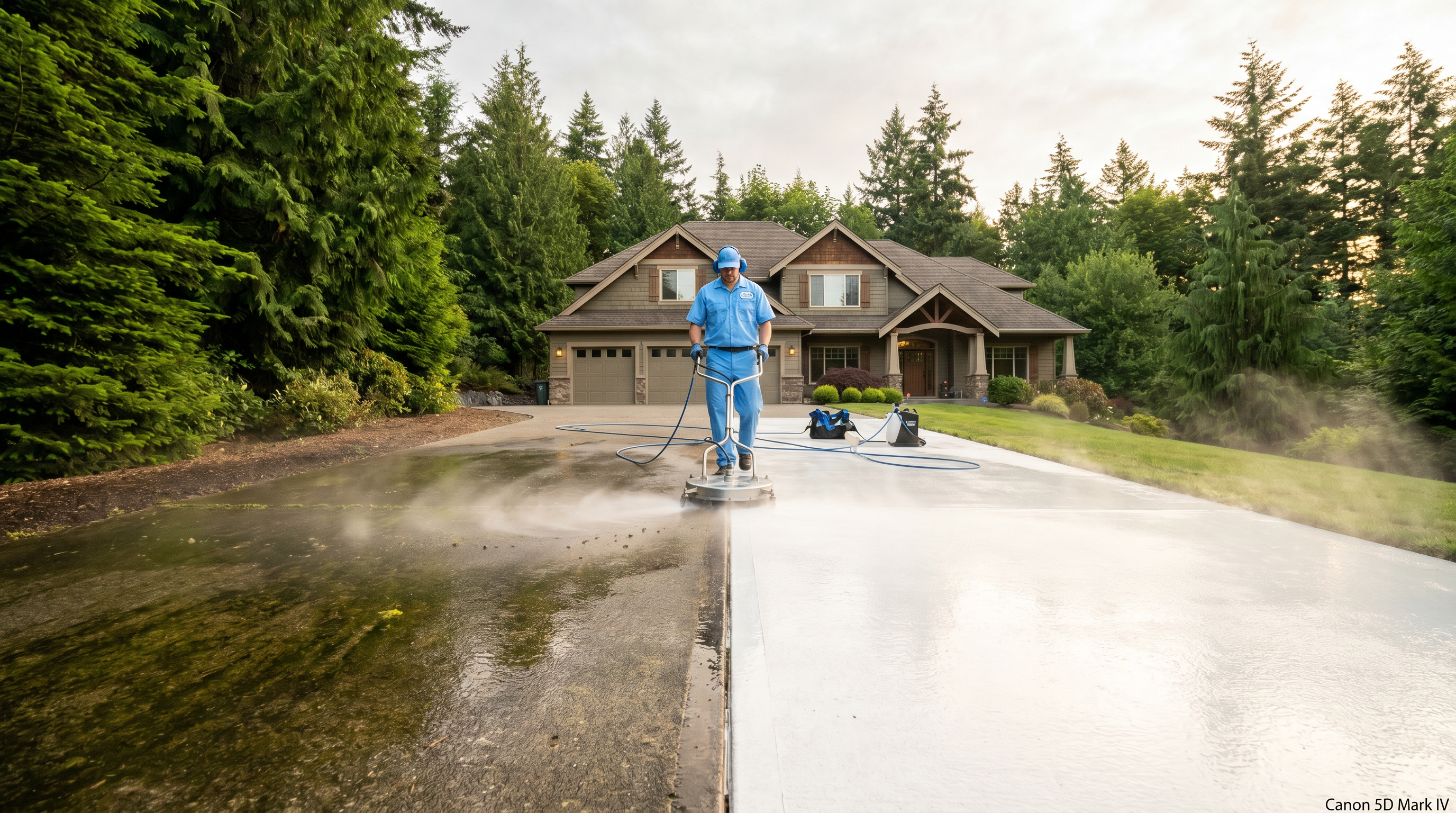 Professional pressure washing driveway transformation